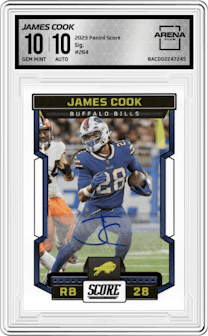 James Cook from the 2023 Panini Score set graded by Arena Club and given an overall grade of 10.