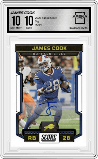 James Cook from the 2023 Panini Score set graded by Arena Club and given an overall grade of 10.