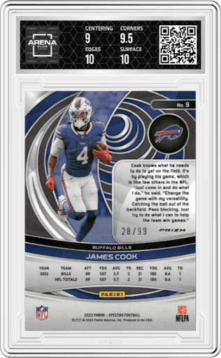 James Cook from the 2023 Panini Spectra set featuring a Celestial parallel graded by Arena Club and given an overall grade of 9.5.