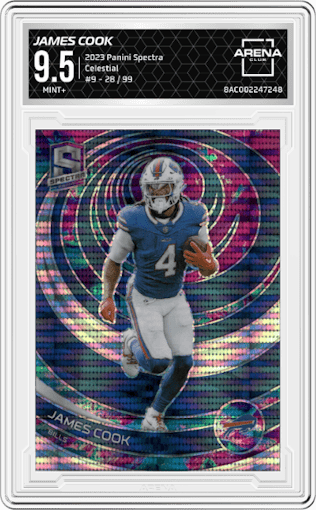 James Cook from the 2023 Panini Spectra set featuring a Celestial parallel graded by Arena Club and given an overall grade of 9.5.