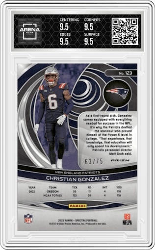 Christian Gonzalez from the 2023 Panini Spectra set featuring a Hyper parallel graded by Arena Club and given an overall grade of 9.5.