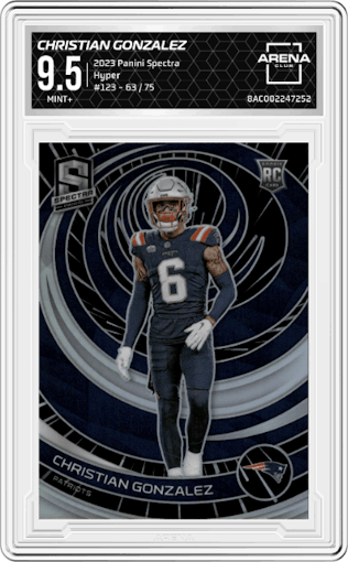 Christian Gonzalez from the 2023 Panini Spectra set featuring a Hyper parallel graded by Arena Club and given an overall grade of 9.5.