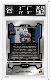 Dalton Kincaid from the 2023 Panini Prizm set featuring a Green Wave  parallel graded by Arena Club and given an overall grade of 9.5.