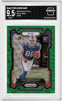 Dalton Kincaid from the 2023 Panini Prizm set featuring a Green Wave  parallel graded by Arena Club and given an overall grade of 9.5.