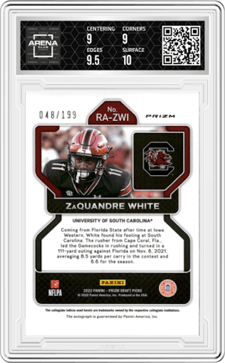 ZaQuandre White from the 2022 Panini Prizm Draft Picks set featuring a Red Prizm parallel graded by Arena Club and given an overall grade of 9.5.