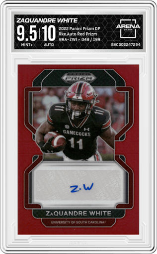 ZaQuandre White from the 2022 Panini Prizm Draft Picks set featuring a Red Prizm parallel graded by Arena Club and given an overall grade of 9.5.