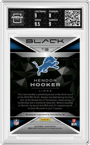 Hendon Hooker from the 2023 Panini Black set graded by Arena Club and given an overall grade of 8.5.