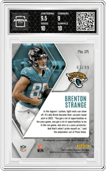 Brenton Strange from the 2023 Panini Phoenix set featuring a Pink parallel graded by Arena Club and given an overall grade of 9.5.