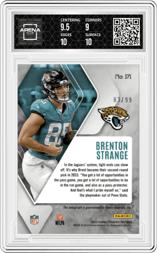Brenton Strange from the 2023 Panini Phoenix set featuring a Pink parallel graded by Arena Club and given an overall grade of 9.5.