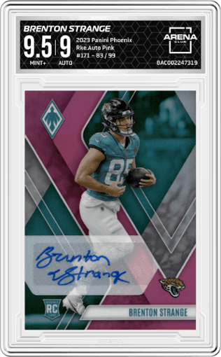 Brenton Strange from the 2023 Panini Phoenix set featuring a Pink parallel graded by Arena Club and given an overall grade of 9.5.