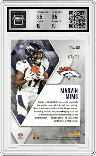 Marvin Mims from the 2023 Panini Phoenix set featuring a Yellow parallel graded by Arena Club and given an overall grade of 10.