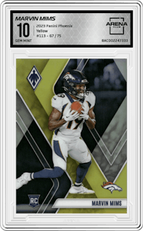 Marvin Mims from the 2023 Panini Phoenix set featuring a Yellow parallel graded by Arena Club and given an overall grade of 10.