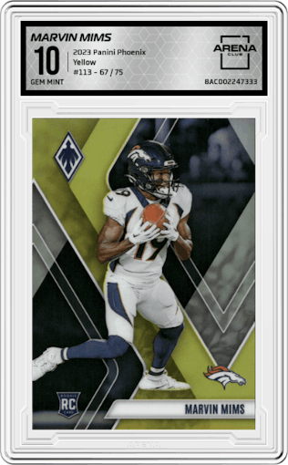 Marvin Mims from the 2023 Panini Phoenix set featuring a Yellow parallel graded by Arena Club and given an overall grade of 10.