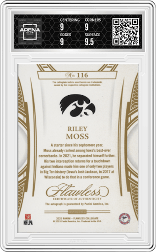 Riley Moss from the 2023 Panini Flawless Collegiate set featuring a Sapphire parallel graded by Arena Club and given an overall grade of 9.