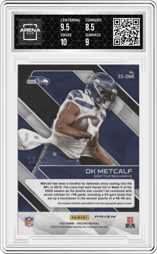 DK Metcalf from the 2023 Panini Spectra set graded by Arena Club and given an overall grade of 9.