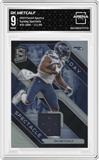 DK Metcalf from the 2023 Panini Spectra set graded by Arena Club and given an overall grade of 9.