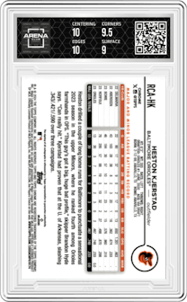 Heston Kjerstad from the 2024 Topps Chrome Logofractor set featuring a Orange Refractor parallel graded by Arena Club and given an overall grade of 9.5.