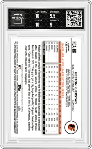 Heston Kjerstad from the 2024 Topps Chrome Logofractor set featuring a Orange Refractor parallel graded by Arena Club and given an overall grade of 9.5.