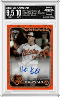 Heston Kjerstad from the 2024 Topps Chrome Logofractor set featuring a Orange Refractor parallel graded by Arena Club and given an overall grade of 9.5.