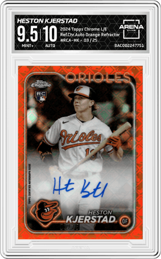 Heston Kjerstad from the 2024 Topps Chrome Logofractor set featuring a Orange Refractor parallel graded by Arena Club and given an overall grade of 9.5.