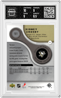 Sidney Crosby from the 2005-06 SP Game Used set graded by Arena Club and given an overall grade of 9.