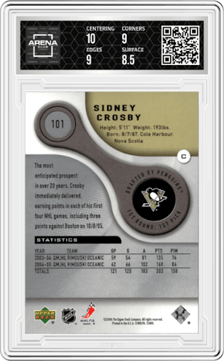 Sidney Crosby from the 2005-06 SP Game Used set graded by Arena Club and given an overall grade of 9.