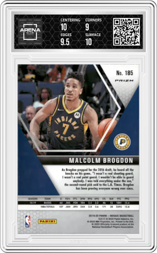 Malcolm Brogdon from the 2019-20 Panini Mosaic  set featuring a Genesis parallel graded by Arena Club and given an overall grade of 9.5.