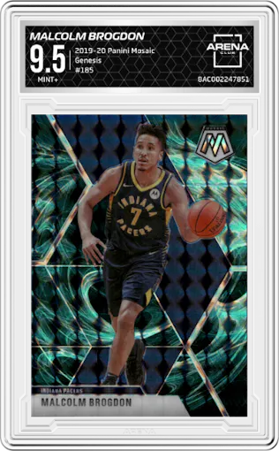 Malcolm Brogdon from the 2019-20 Panini Mosaic  set featuring a Genesis parallel graded by Arena Club and given an overall grade of 9.5.