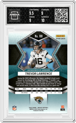Trevor Lawrence from the 2022 Panini Mosaic set featuring a Genesis parallel graded by Arena Club and given an overall grade of 9.5.