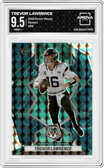 Trevor Lawrence from the 2022 Panini Mosaic set featuring a Genesis parallel graded by Arena Club and given an overall grade of 9.5.