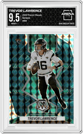 Trevor Lawrence from the 2022 Panini Mosaic set featuring a Genesis parallel graded by Arena Club and given an overall grade of 9.5.