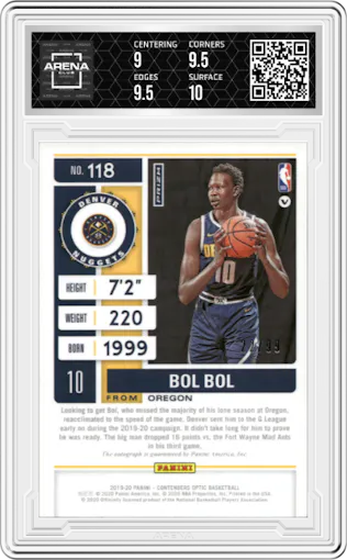 Bol Bol from the 2019-20 Panini Contenders Optic set featuring a Blue parallel graded by Arena Club and given an overall grade of 9.5.