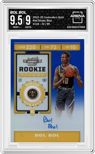 Bol Bol from the 2019-20 Panini Contenders Optic set featuring a Blue parallel graded by Arena Club and given an overall grade of 9.5.