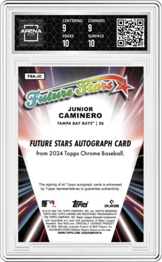Junior Caminero from the 2024 Topps Chrome Logofractor set graded by Arena Club and given an overall grade of 9.5.