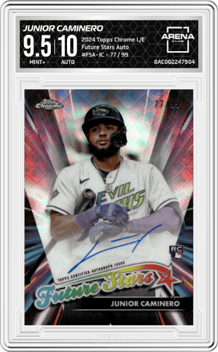 Junior Caminero from the 2024 Topps Chrome Logofractor set graded by Arena Club and given an overall grade of 9.5.
