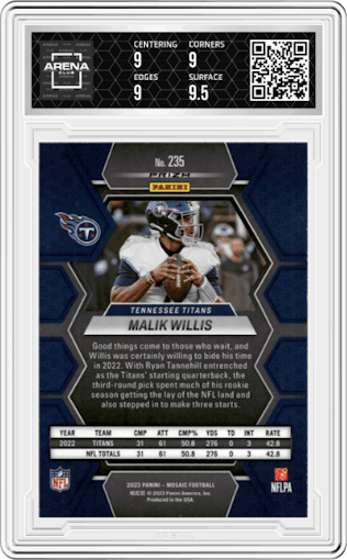 Malik Willis from the 2023 Panini Mosaic set featuring a  Genesis parallel graded by Arena Club and given an overall grade of 9.