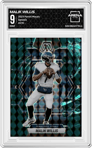 Malik Willis from the 2023 Panini Mosaic set featuring a  Genesis parallel graded by Arena Club and given an overall grade of 9.