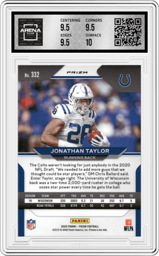 Jonathan Taylor from the 2020 Panini Prizm set featuring a Silver Prizm parallel graded by Arena Club and given an overall grade of 10.