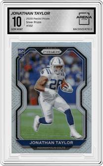 Jonathan Taylor from the 2020 Panini Prizm set featuring a Silver Prizm parallel graded by Arena Club and given an overall grade of 10.