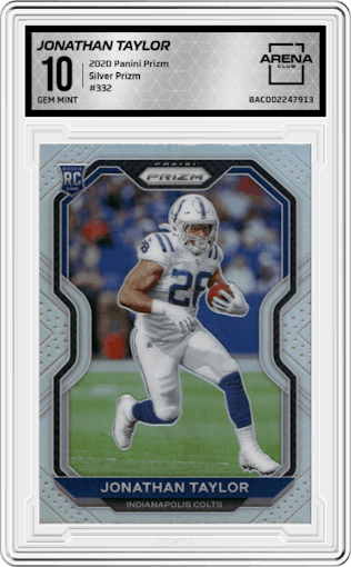 Jonathan Taylor from the 2020 Panini Prizm set featuring a Silver Prizm parallel graded by Arena Club and given an overall grade of 10.