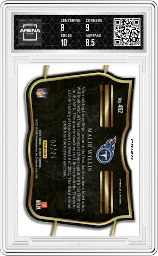 Malik Willis from the 2022 Panini Select set featuring a Tie-Dye parallel graded by Arena Club and given an overall grade of 8.5.