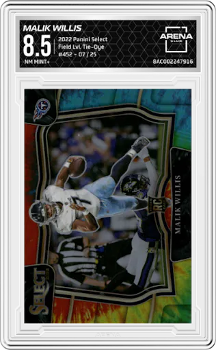 Malik Willis from the 2022 Panini Select set featuring a Tie-Dye parallel graded by Arena Club and given an overall grade of 8.5.
