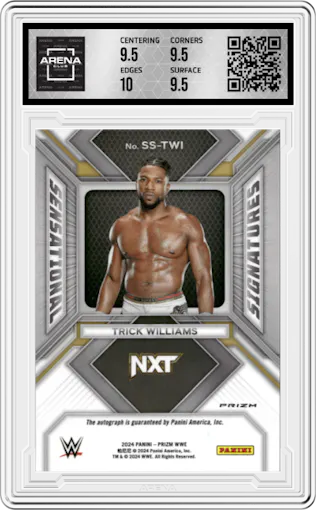 Trick Williams from the 2024 Panini Prizm WWE set featuring a Under Card parallel graded by Arena Club and given an overall grade of 10.