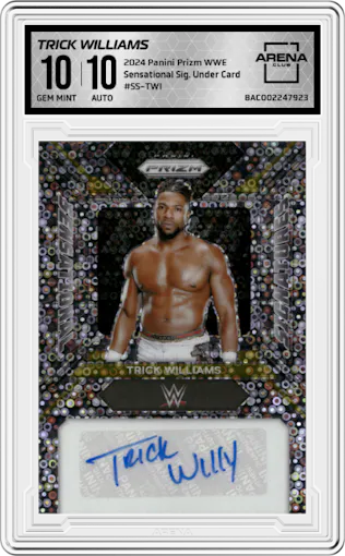 Trick Williams from the 2024 Panini Prizm WWE set featuring a Under Card parallel graded by Arena Club and given an overall grade of 10.