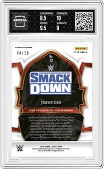 Jimmy Uso from the 2023 Panini Select WWE set featuring a Gold Wave parallel graded by Arena Club and given an overall grade of 9.
