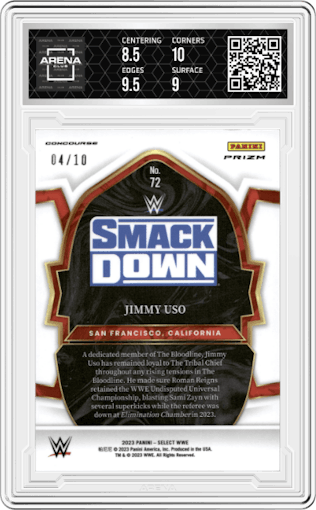 Jimmy Uso from the 2023 Panini Select WWE set featuring a Gold Wave parallel graded by Arena Club and given an overall grade of 9.