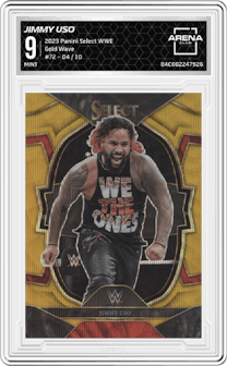 Jimmy Uso from the 2023 Panini Select WWE set featuring a Gold Wave parallel graded by Arena Club and given an overall grade of 9.