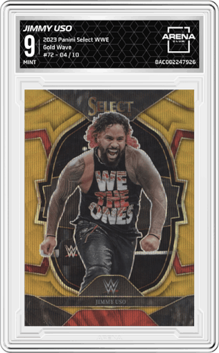 Jimmy Uso from the 2023 Panini Select WWE set featuring a Gold Wave parallel graded by Arena Club and given an overall grade of 9.