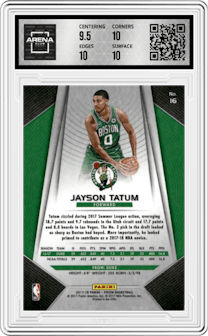 Jayson Tatum from the 2017-18 Panini Prizm  set graded by Arena Club and given an overall grade of 10.