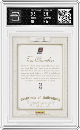 Tom Chambers from the 2012-13 Panini Flawless set featuring a Emerald Inscriptions parallel graded by Arena Club and given an overall grade of 9.